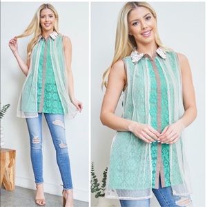 Ryu Crochet Jade High Collar Button Down Sleeveless Top.